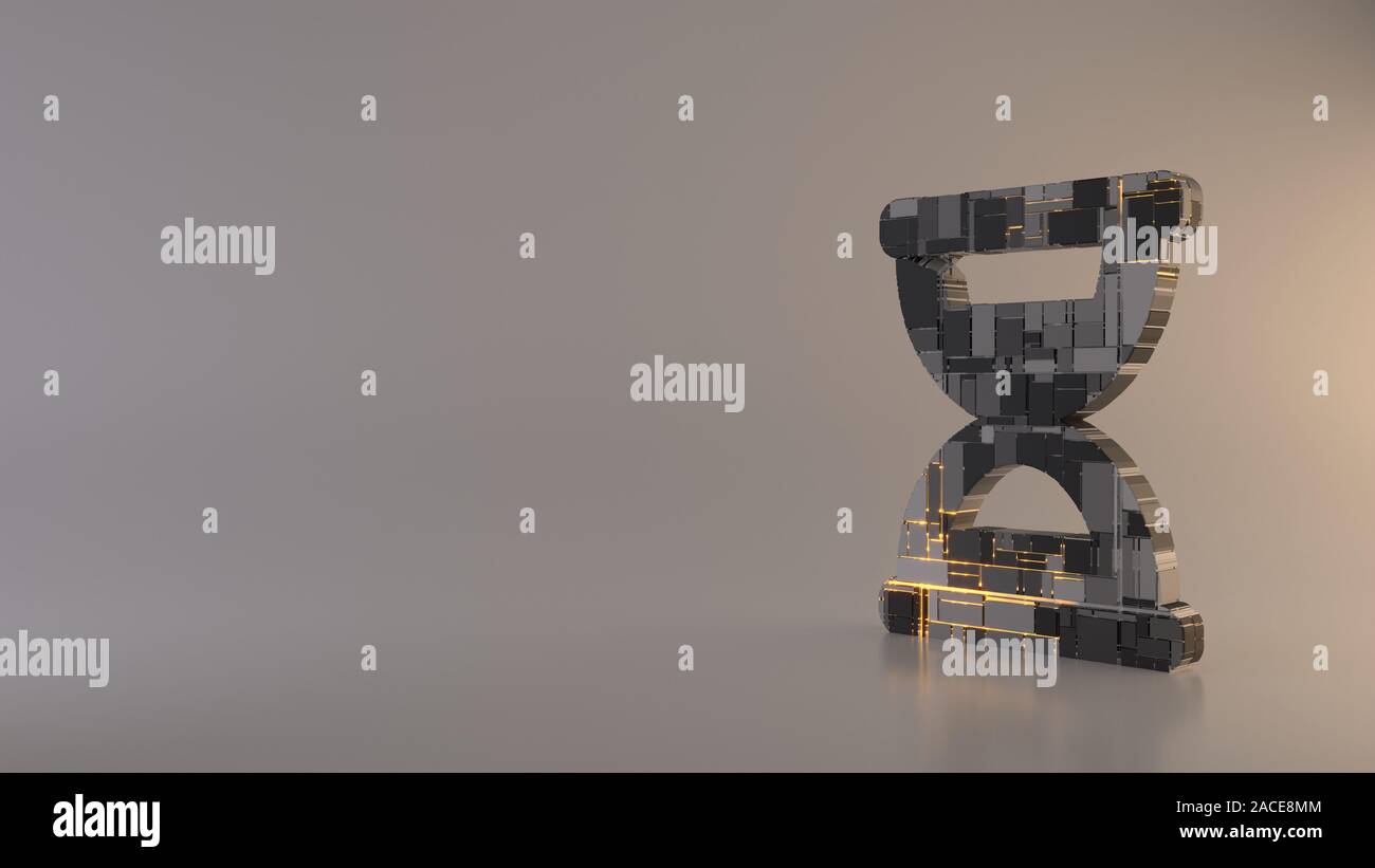 3D rendering in metallo rettangolare techno greeble geometrica simbolo della clessidra in mezza icona di fase con linee incandescente con riflessione sfocata sul pavimento lig Foto Stock