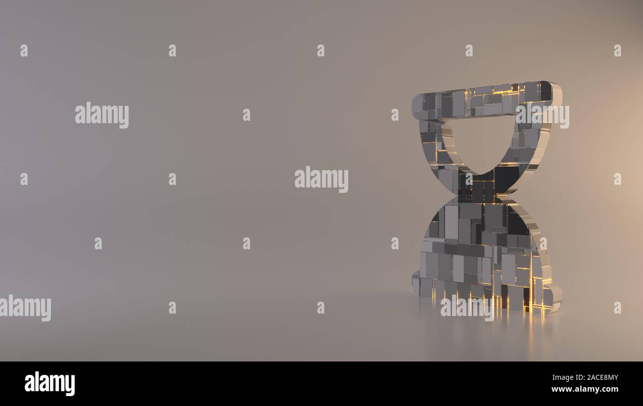 3D rendering in metallo rettangolare techno greeble geometrica simbolo della clessidra nella fase finale icona con incandescente con linee sfocate piano di riflessione sul paglierino Foto Stock