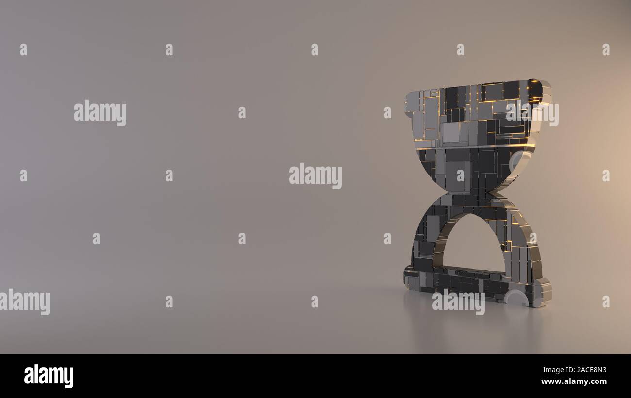 3D rendering in metallo rettangolare techno greeble geometrica simbolo della clessidra in fase di avvio icona con incandescente con linee sfocate piano di riflessione su li Foto Stock
