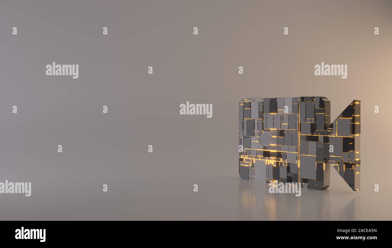 3D rendering in metallo rettangolare techno greeble geometrica simbolo della fotocamera con obiettivo icona con incandescente con linee sfocate piano di riflessione sulla luce bac Foto Stock