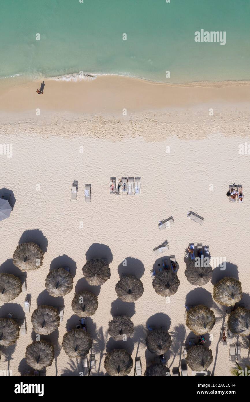 Vista aerea degli ombrelloni sulla spiaggia di Aruba, Caraibi Foto Stock