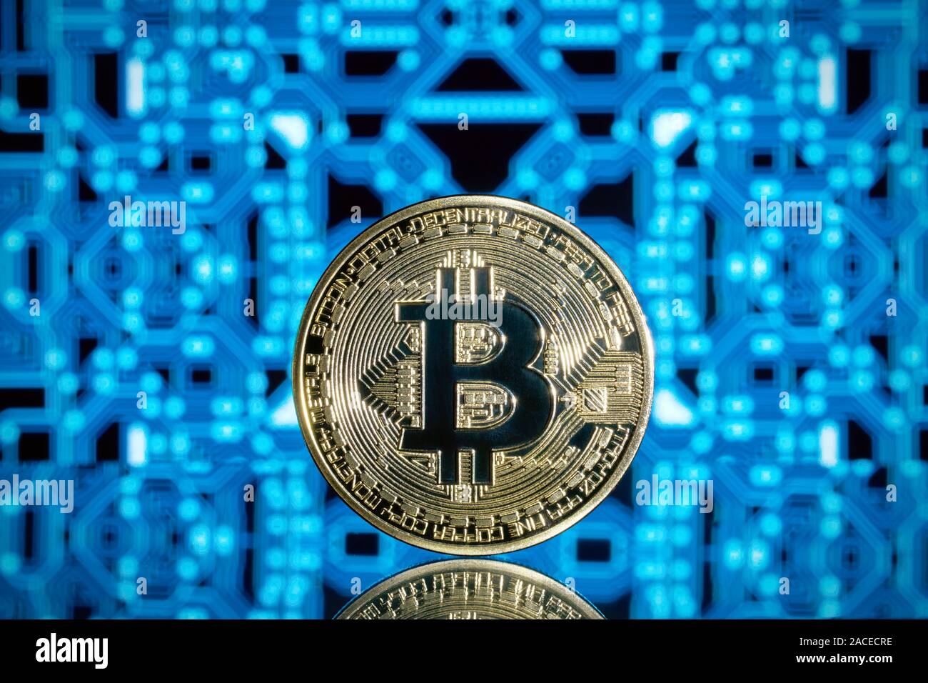 In piedi golden bitcoin crypto blockchain valuta moneta contro un blu riflettente il circuito stampato sullo sfondo Foto Stock