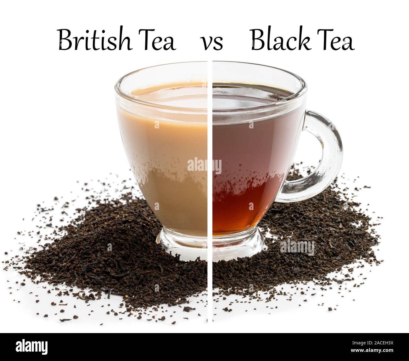 Cup diviso a metà. Scelta difficile tè britannici vs Tè nero concept Foto Stock