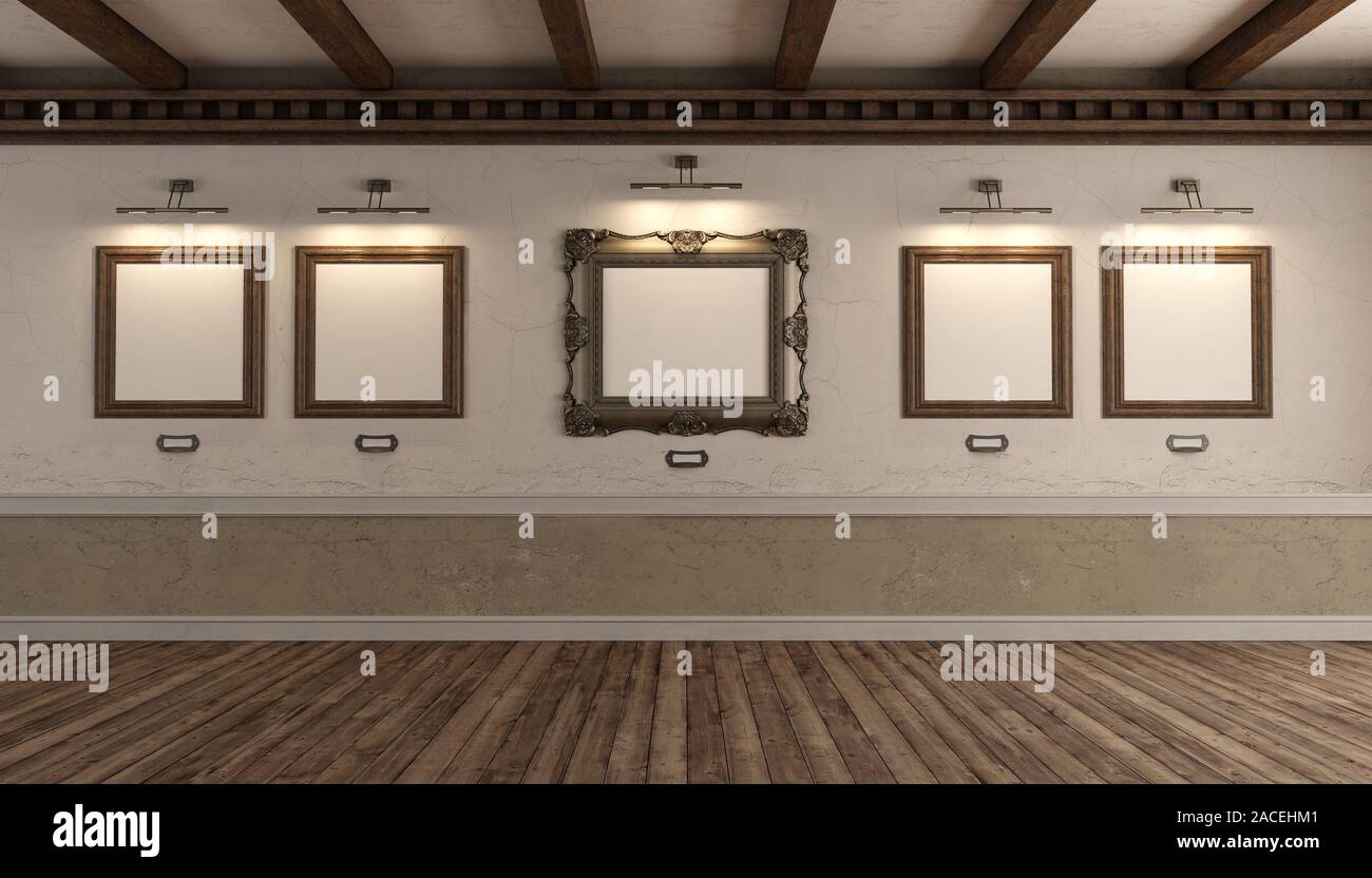 Galleria d'arte con la vecchia cornice immagine, grunge pareti e tetto in legno travi - 3d rendering Foto Stock