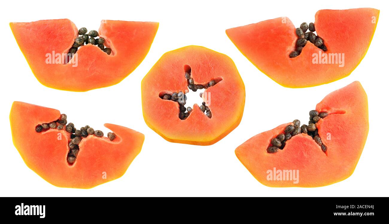 Taglio isolate papaia collezione. Diversi pezzi di papaia frutta con semi isolato su sfondo bianco con tracciato di ritaglio Foto Stock
