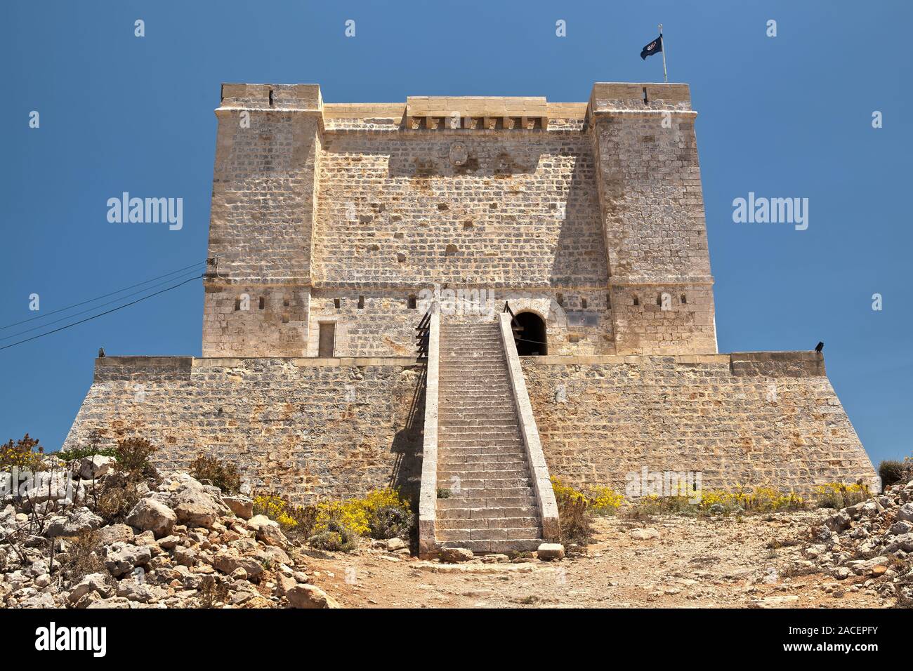 L'imponente sta Maria delle Grazie Torre di Comino che ultimamente è stato riportato al suo antico splendore. Foto Stock