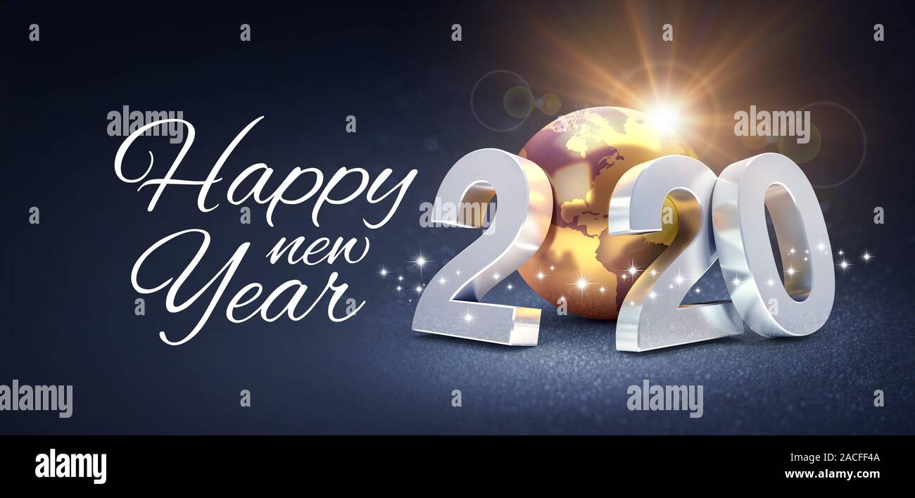 Felice Anno Nuovo messaggio di saluto e data d'argento 2020 composto con un oro il pianeta terra, scintillanti su uno sfondo nero - 3D illustrazione Foto Stock