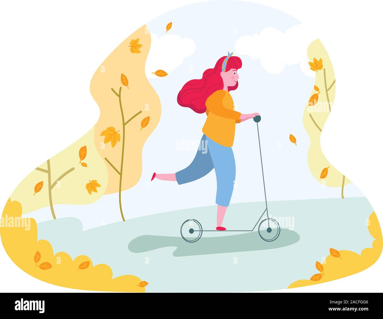 Ragazza riding kick-scooter nel parco autunnali Illustrazione Vettoriale