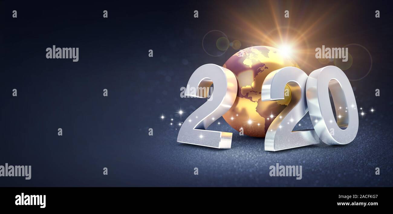 Silver Nuova data dell'anno 2020 composto con un oro il pianeta terra, su una scintillante sfondo nero - 3D illustrazione Foto Stock