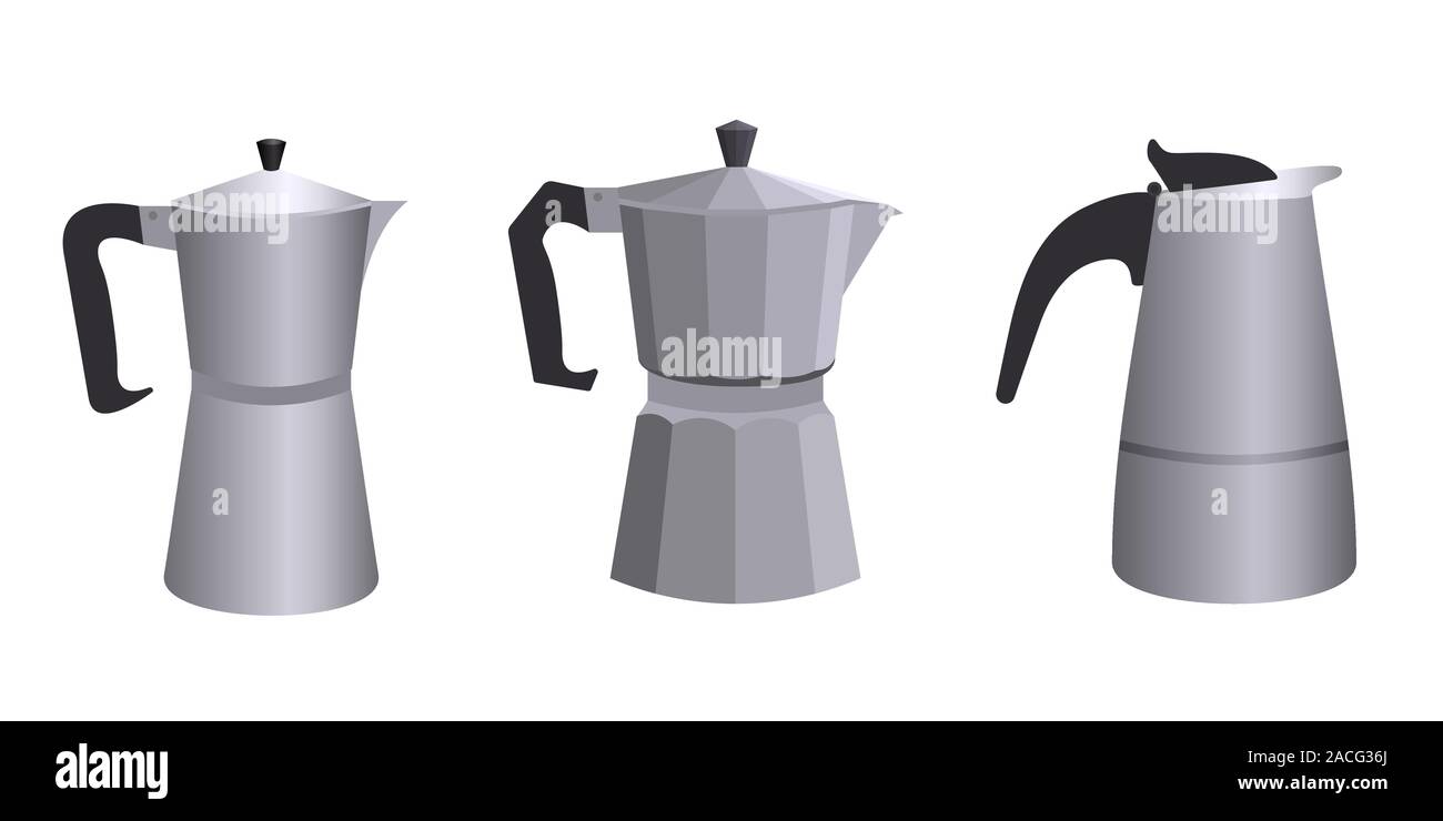 Un set di tre diversi geyser Italian Caffè in uno stile piatto. Illustrazione Vettoriale. Illustrazione Vettoriale