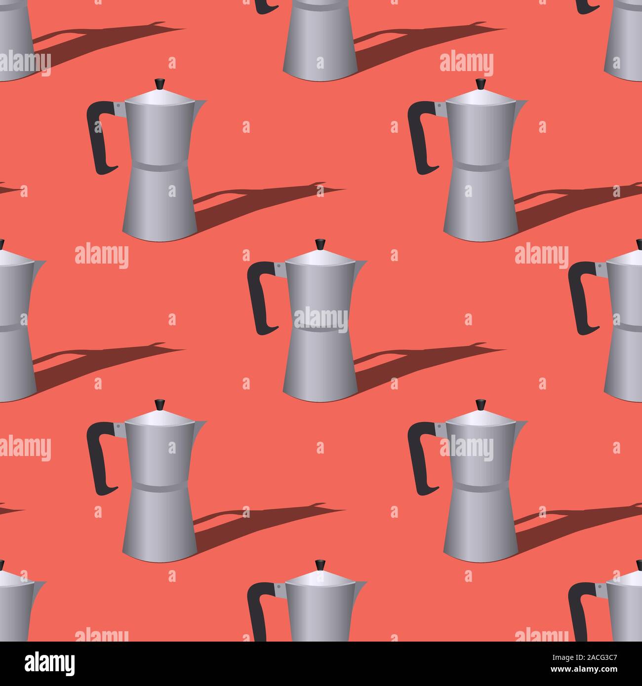 Modello senza cuciture con italiani geyser caffè su uno sfondo di colore rosso. Vettore illustrazione piana. Illustrazione Vettoriale