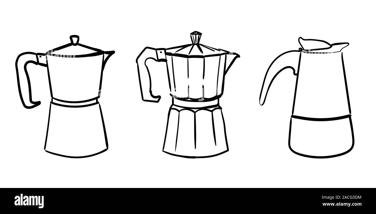 Un set di tre diversi italiano geyser doodle caffè. Vettore disegnati a mano illustrazione. Illustrazione Vettoriale