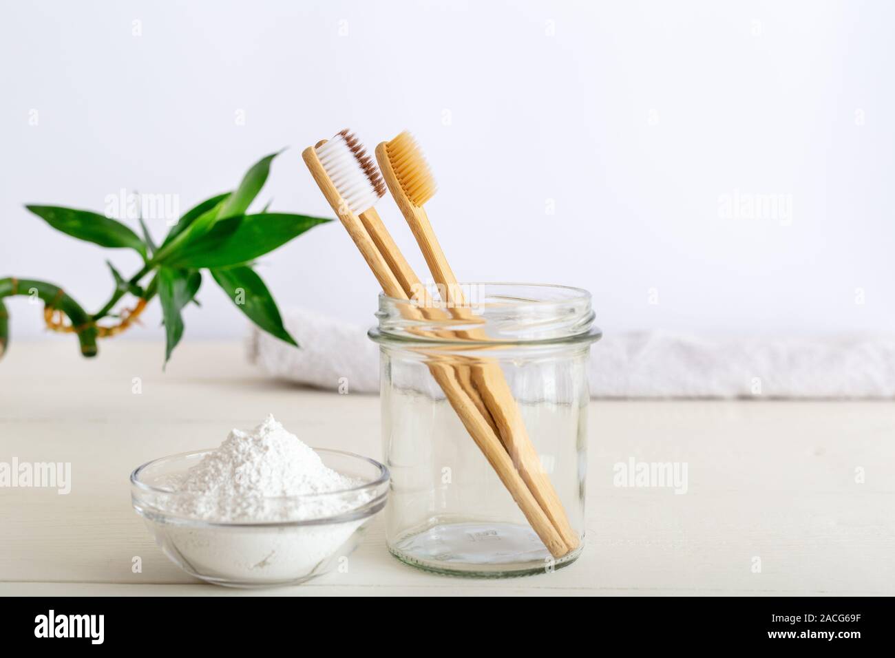 Il bambù spazzolini da denti e dentifricio in polvere di dente su sfondo bianco. Bagno naturale prodotti, piante di bambù.naturali biodegradabili spazzolino da denti di bambù.Eco Foto Stock