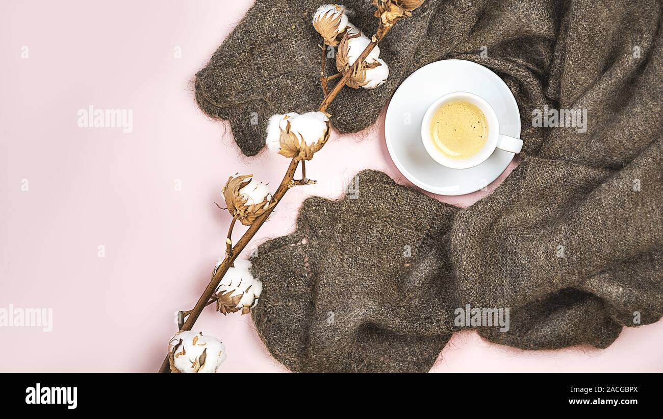 Piatto russo laici SCIALLE IN PURA LANA con tazza di caffè e cotone ramo sul pastello rosa colore di sfondo. Inverno romantico concetto per i blogger. Vista superiore, spazio di copia Foto Stock