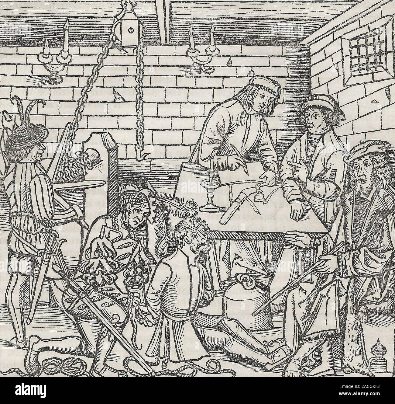 La questione - in scena a corte, da 'Bamberg Codice Penale,' Mayence, 1531 Foto Stock
