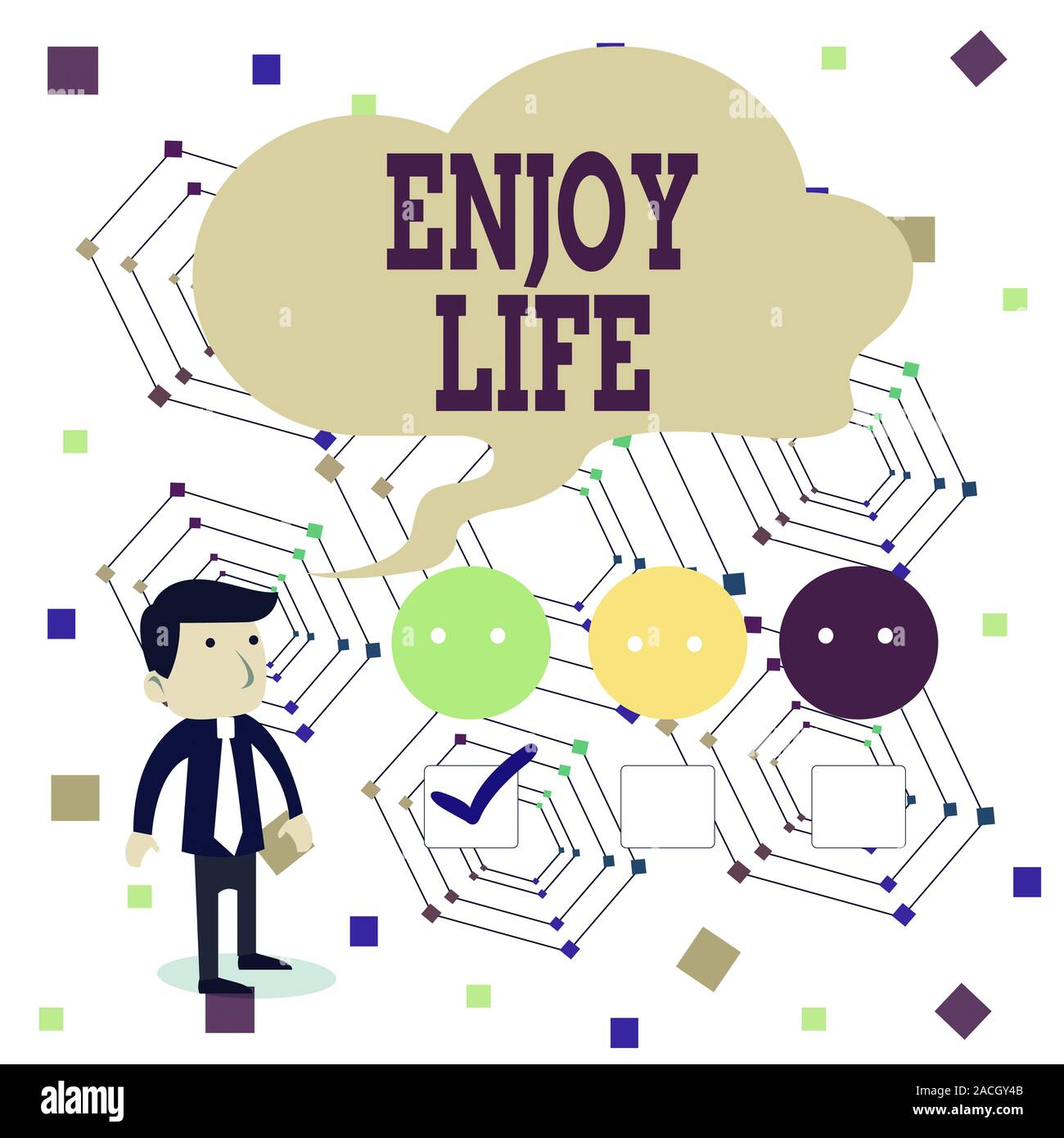 Testo della scrittura si gode la vita. Foto concettuale qualsiasi cosa, luogo,cibo o dimostrare che vi permette di rilassarvi e di felice maschi bianco Questionario C Foto Stock