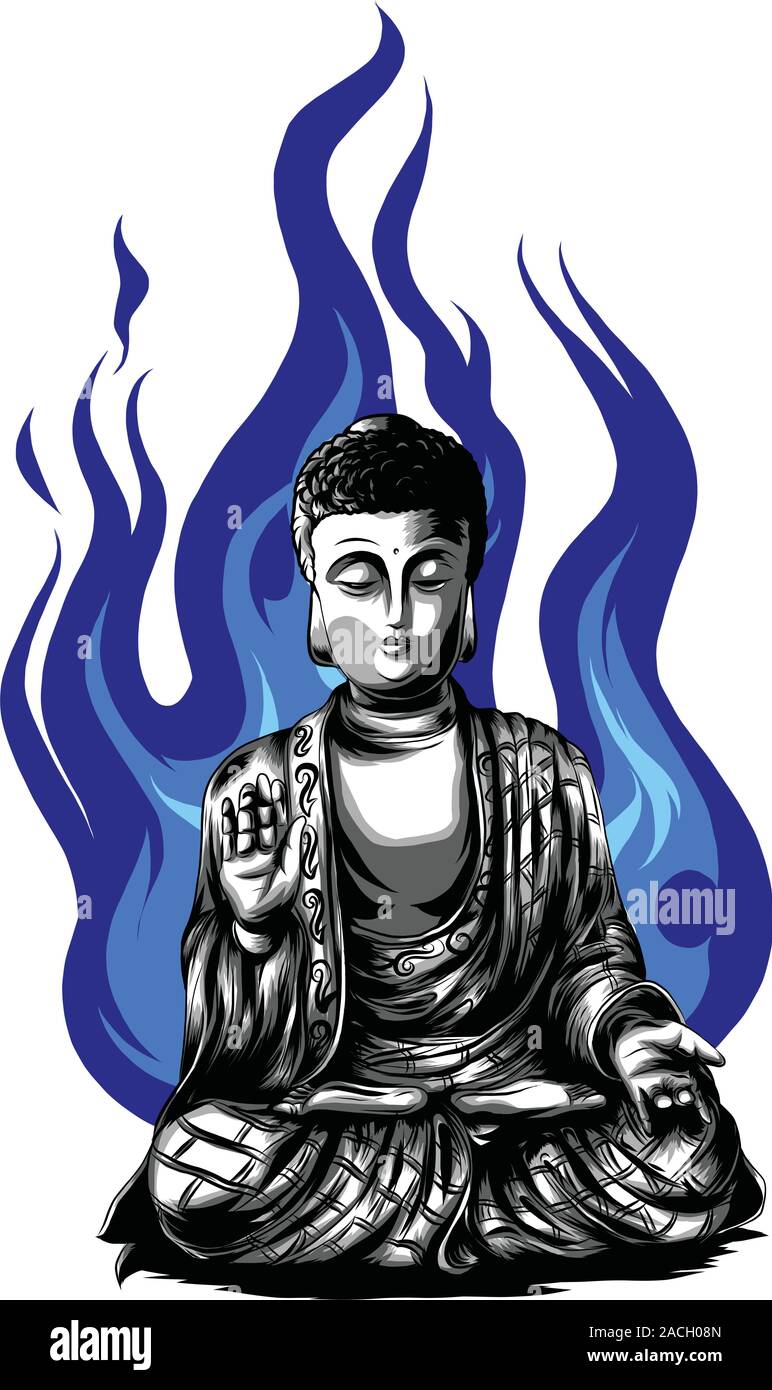 Linea di Buddha disegno. Schizzo di una seduta o meditando buddah statua. Illustrazione Vettoriale