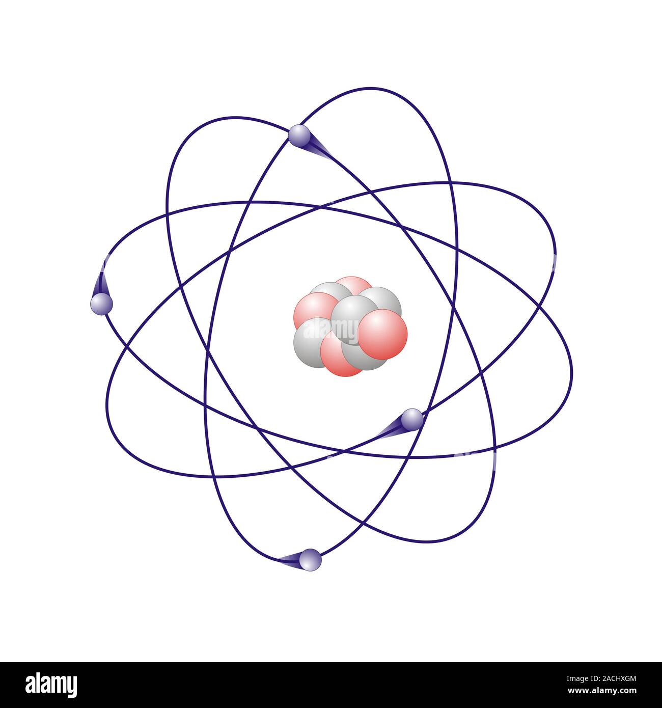 Il berillio, Modello atomico. Il berillio ha cinque neutroni (bianco) e quattro protoni (rosa) nel suo nucleo (centro). L atomo dispone anche di quattro elettroni (blu) o Foto Stock