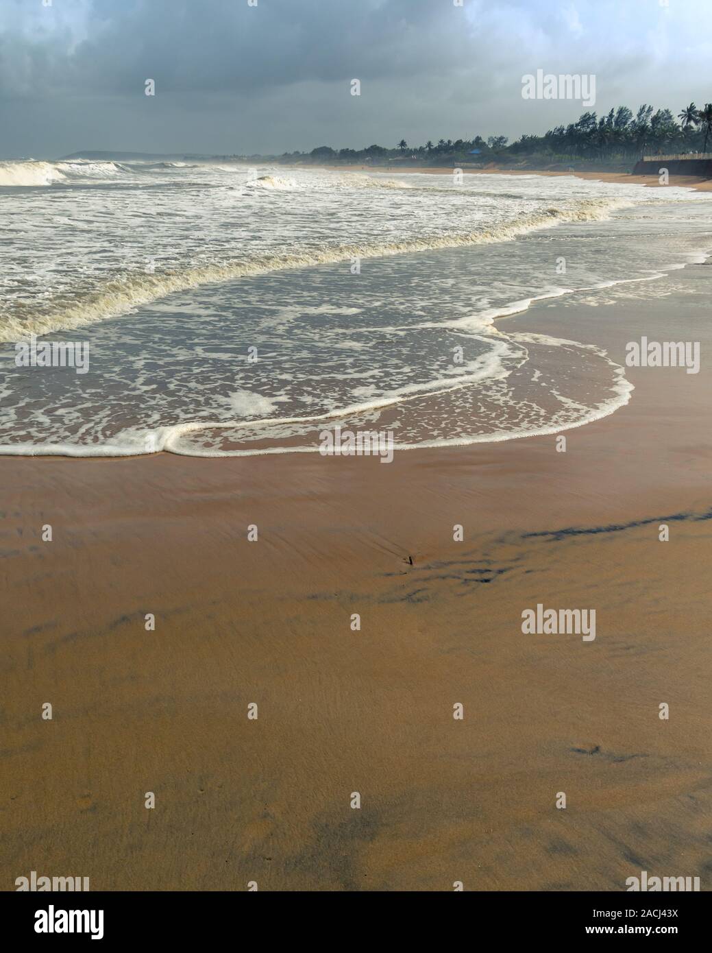 Ritratto del Mare Arabico Goan linea di riva con onde sulla spiaggia sabbiosa Foto Stock