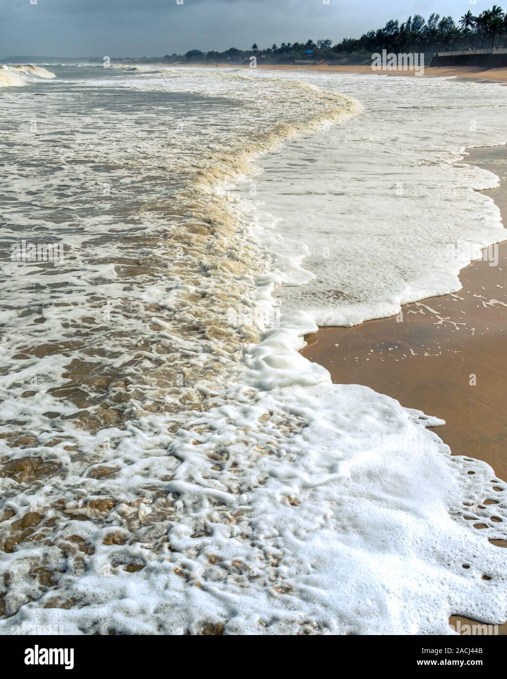 Ritratto di Goan linea di riva con onde sulla spiaggia sabbiosa Foto Stock