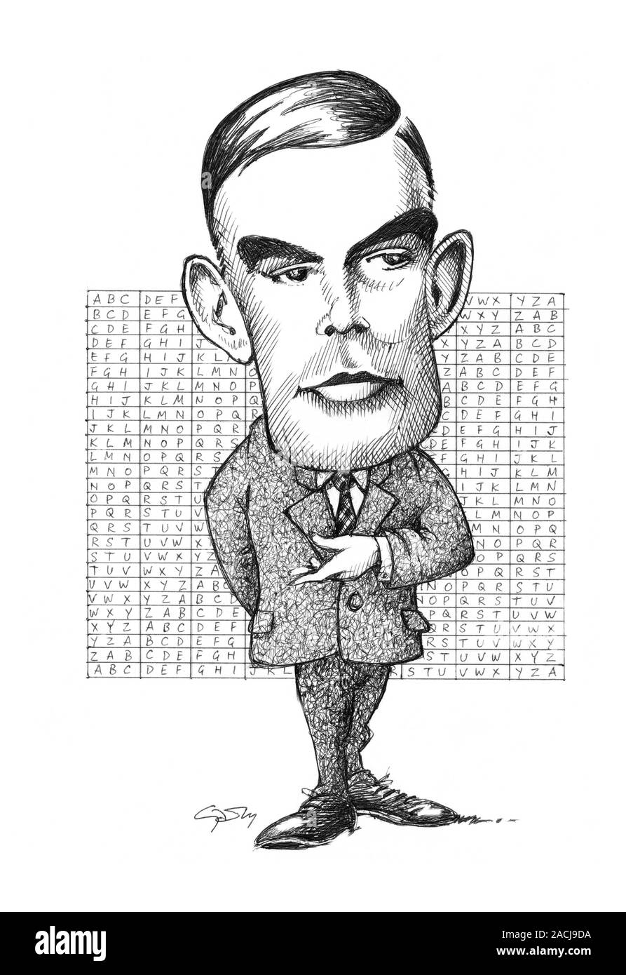 Alan Turing. La caricatura del matematico britannico Alan Turing (1912-54).  Nel 1937, Alan Turing descritto un teorico del computer (una macchina di  Turing) nel rigo Foto stock - Alamy