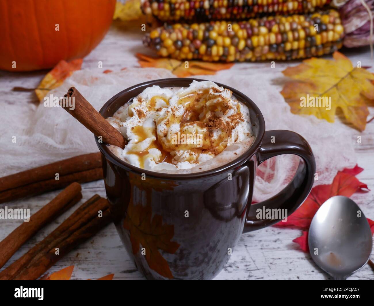 Cioccolata calda con panna montata e salsa di caramello e cannella Foto Stock