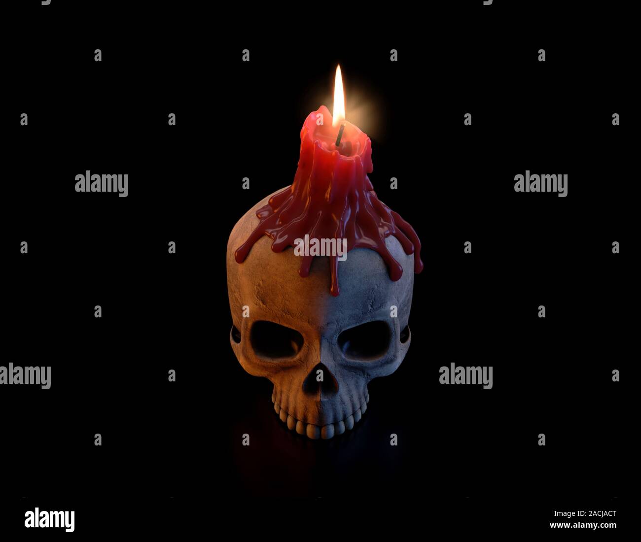 Un concetto che mostra un teschio umano e rabboccato con un punto di fusione rosso illuminato candela isolato su un buio di sfondo per studio - 3D render Foto Stock