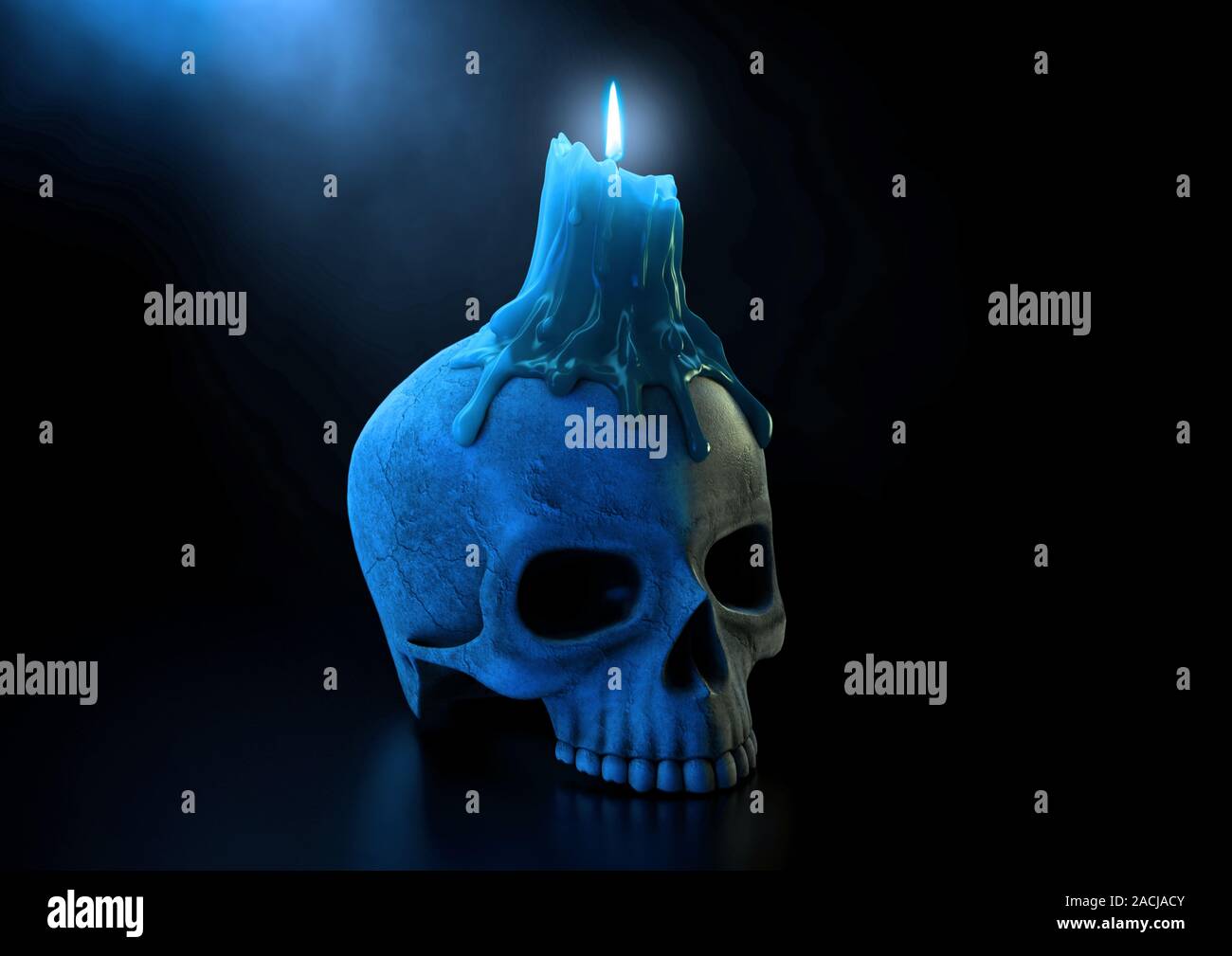 Un macabro concetto mostra un teschio umano sormontato da una candela di fusione con una fiamma blu su un isolato dark di sfondo per studio - 3D render Foto Stock