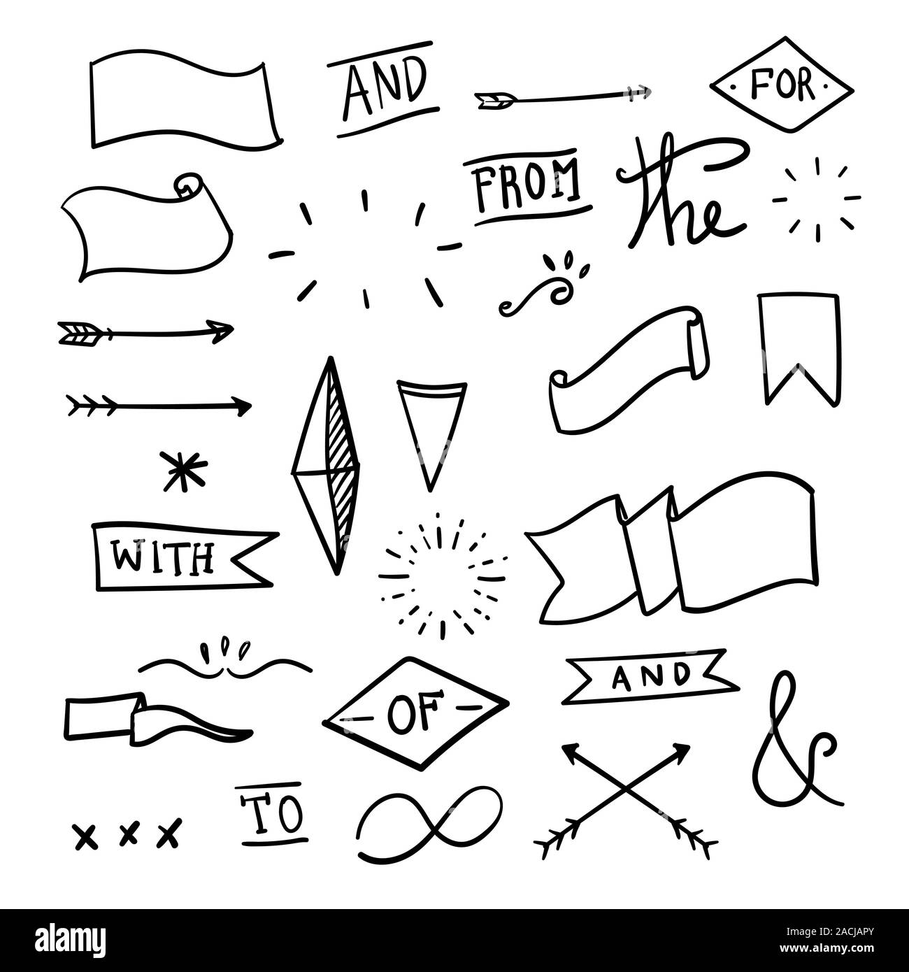 Impostare decorativo di elementi calligrafico per la decorazione. Mano le linee tracciate. Mano-letterati '&' e parole chiave. Illustrazione Vettoriale