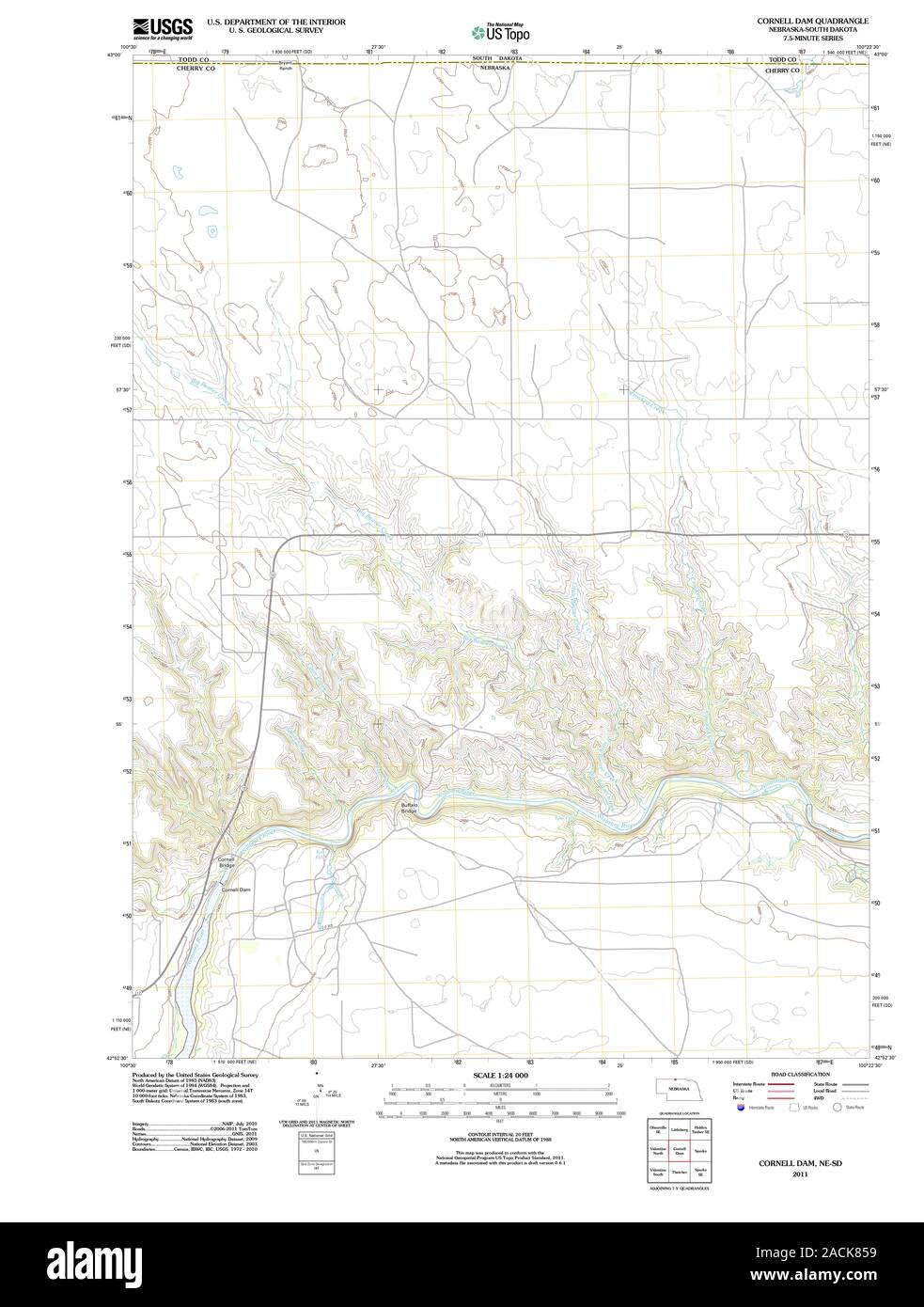 USGS TOPO Map South Dakota NE Cornell Dam 20111027 TM il restauro Foto Stock