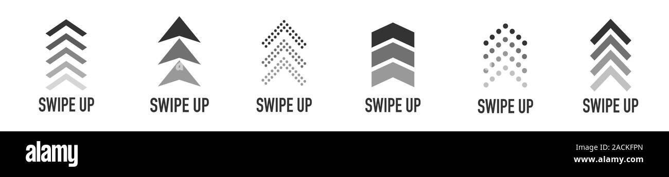 Freccia verso l'alto per i social media storie, design blogger, scorrere pittogramma. Set di Black sfiora l'icona. Pittogramma di scorrimento. Storie sfiorare il pulsante. Illustrazione Vettoriale