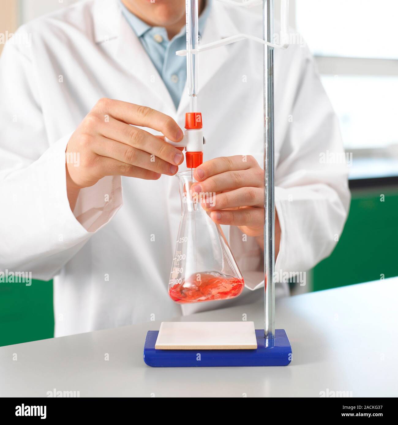 Esperimento di titolazione. Studente utilizzando una buretta e beuta di effettuare una titolazione acido-base esperimento. Ciò comporta l'aggiunta di un acido ad una Foto Stock