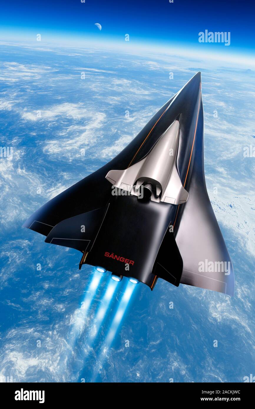 Saenger/Horus spaceplane. Computer illustrazione della proposta Saenger spaceplane, portando il più piccolo Horus space shuttle sul suo dorso in alto in EA Foto Stock