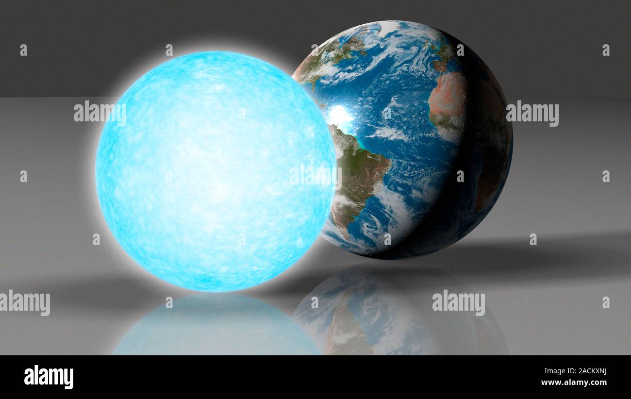 Per il confronto di immagini delle dimensioni della Terra (a destra) con una tipica stella nana bianca come Sirius B. una nana bianca è lo stadio finale di evoluzione della maggior parte dei Foto Stock