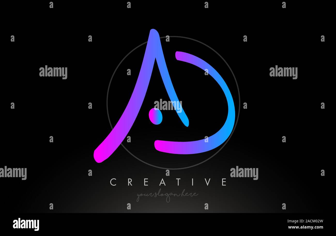 Annuncio pennello artistico lettera manoscritta del Logo in viola colori blu illustrazione vettoriale. Illustrazione Vettoriale