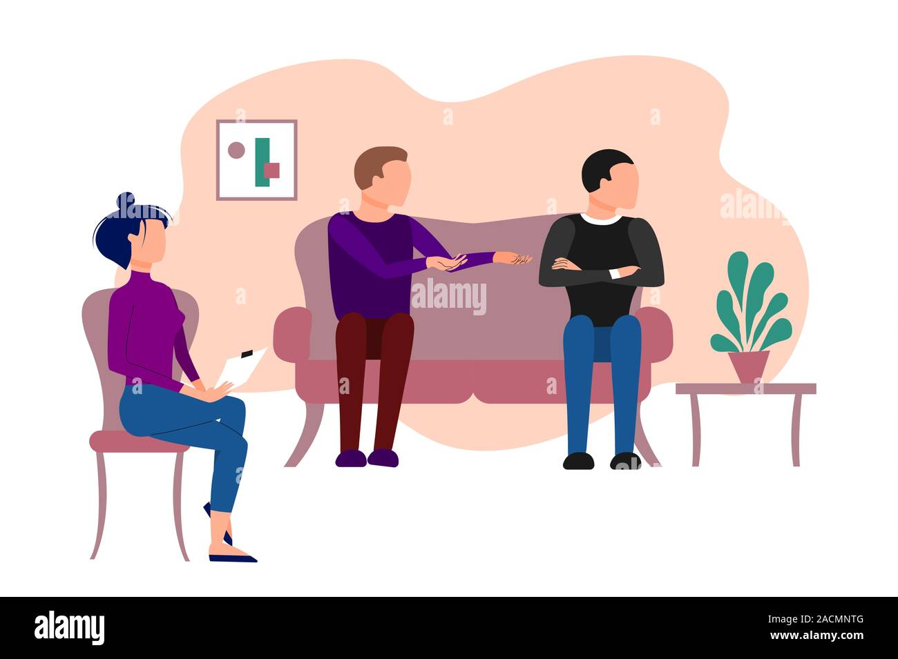 Sposato caucasian paio di due uomini che incontro terapeutico a psicologo ufficio. Piano di stock di stile illustrazione vettoriale Illustrazione Vettoriale