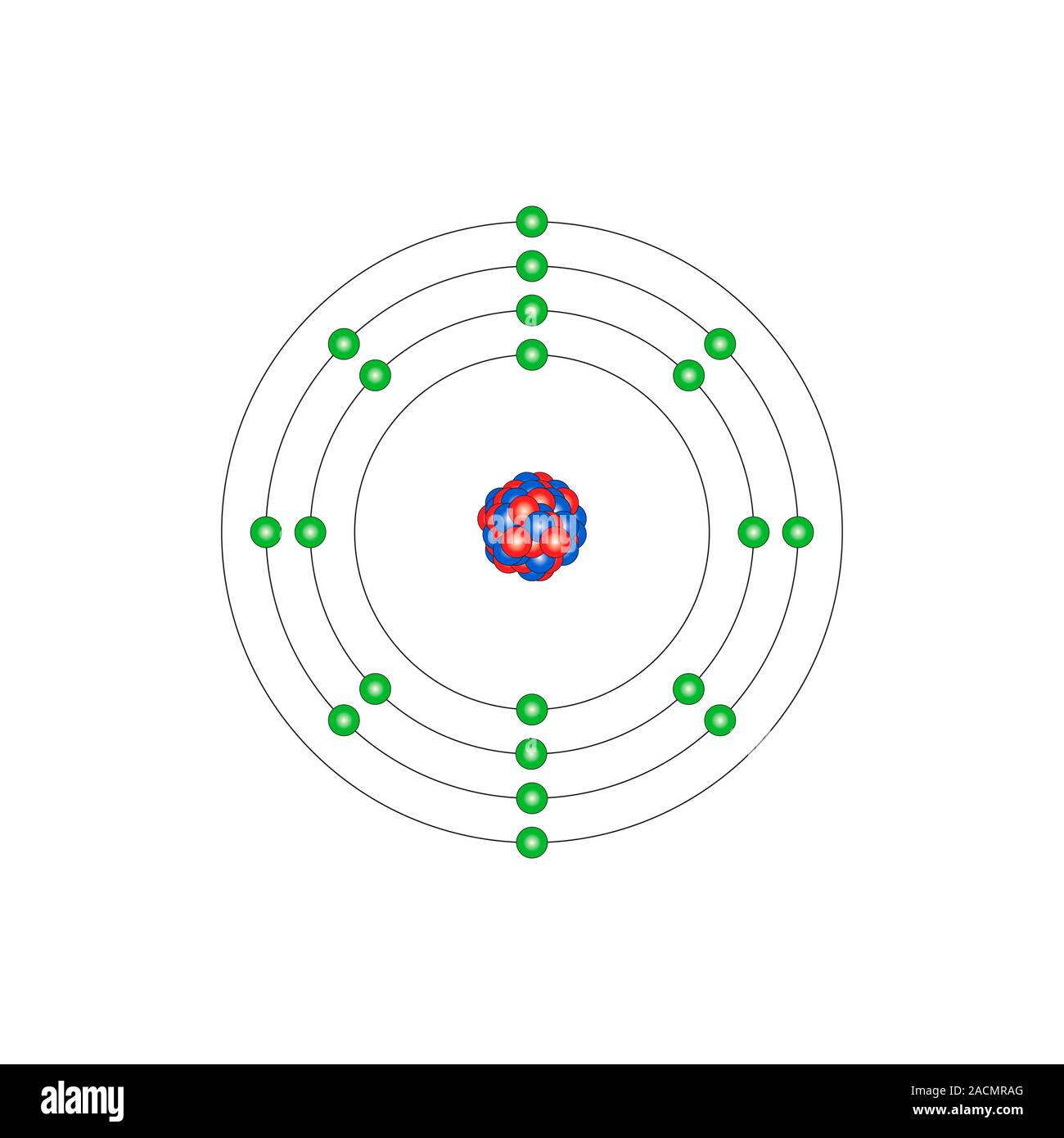 Il calcio (Ca). Schema della composizione nucleare e configurazione di elettroni di un atomo di calcio-40 (numero atomico 20), il più comune isotopo del t Foto Stock