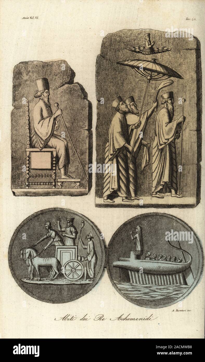 I costumi del re achemenide. Il re Ciro il Grande sul suo trono dorato, il re Assuero che ho sotto ombrellone, re persiano a cavallo di un quadriga o quattro-carrozza a cavalli e su una zona cucina. Da bassorilievi sculture a Persepoli, Iran. Abiti dei re achemenidi. Handcolored incisione su rame di Andrea Bernieri da Giulio Ferrario costumi dell Antico e Moderno di tutti i popoli del mondo, il costume antico e moderno, Firenze, 1847. Foto Stock