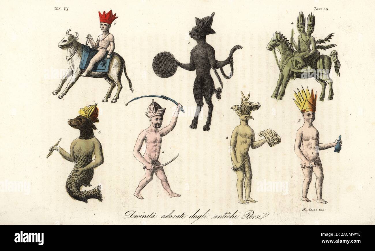 Gli dèi adorato dagli antichi persiani. Saturn 1, Jupiter-Horus con testa di uccello 2, Mars 3, doppia dio Sole 4, Venus 5, Mercurio con testa di maiale e coda di pesce 6 e dio Luna a cavallo 7. Divinita adorate dagli antichi persi. Handcolored incisione su rame da Giovanni Antonio Sasso da Giulio Ferrario costumi dell Antico e Moderno di tutti i popoli del mondo, il costume antico e moderno, Firenze, 1847. Foto Stock