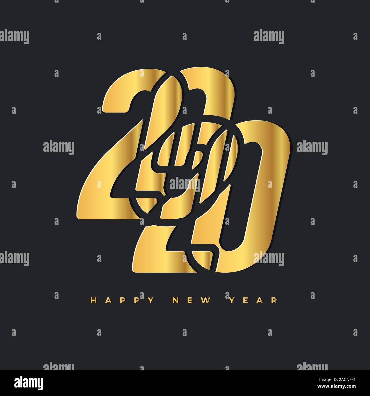 2020 Felice anno nuovo logo in oro. Celebrazione testo grafica. Illustrazione Vettoriale