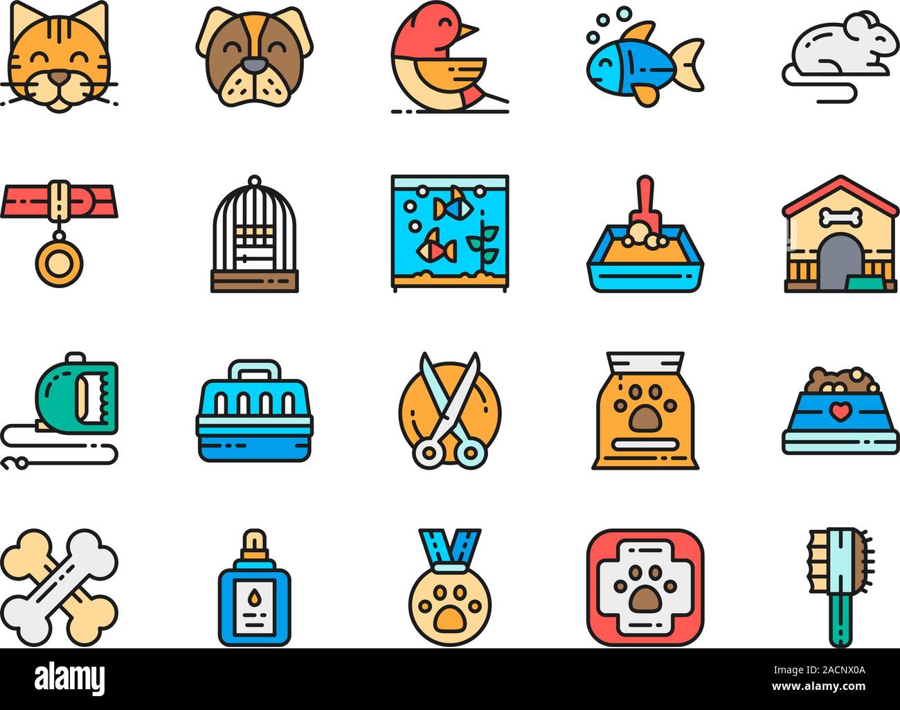Set di ambulatorio veterinario a schermo piatto a colori e icone. Gatto, cane, Bird, Parrot, pesce, mouse e altro ancora Illustrazione Vettoriale