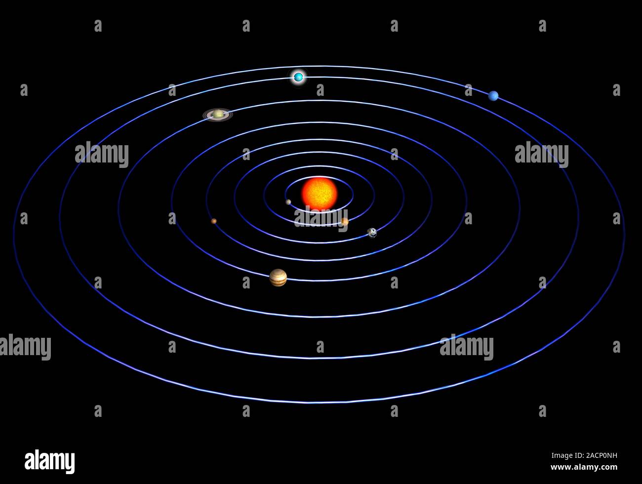 Il sistema solare. Computer grafica del sistema solare, che mostra le orbite  (anelli) dei pianeti e le loro posizioni relative del Sole (centro). Fro  Foto stock - Alamy