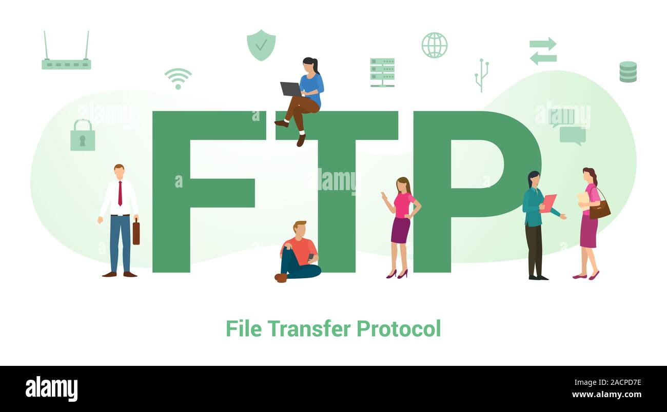 Ftp acronimo di file transfer protocol concetto con grande parola o il testo e il team di persone con un moderno stile piatto - illustrazione vettoriale Foto Stock