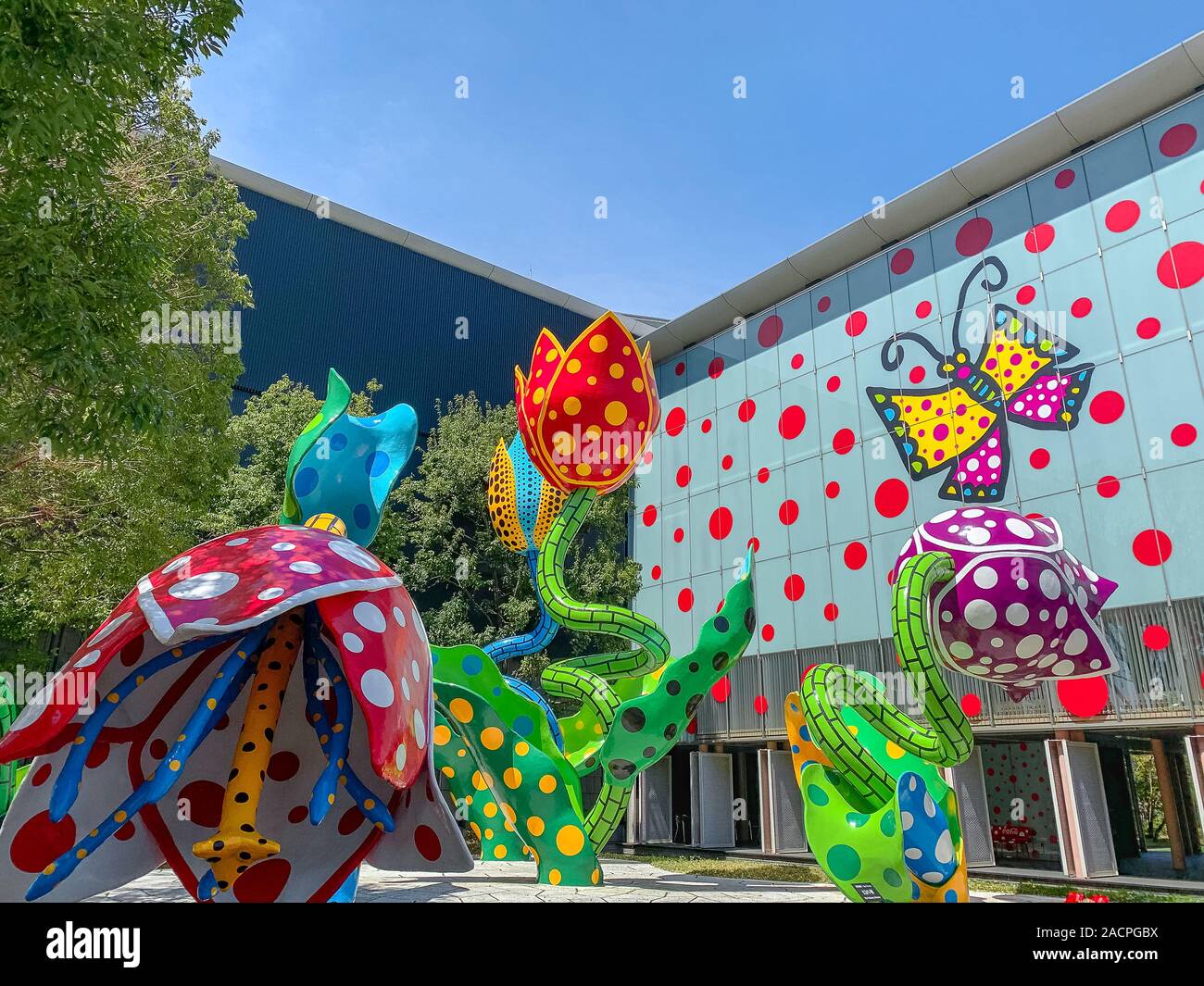 Matsumoto, Giappone - Aprile 2019: Arte installaion dall'artista giapponese Yayoi Kuama intitolato " La Veggente di fiori a Matsumoto City Museum of Art Foto Stock