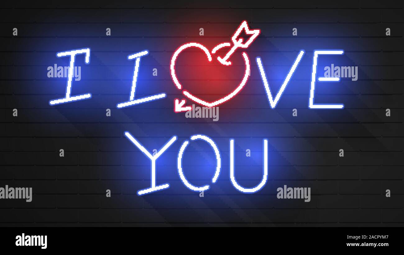 Iscrizione al neon dell'amore. Insegna al neon blu amore con cuore rosso su sfondo nero. Vettore Illustrazione Vettoriale