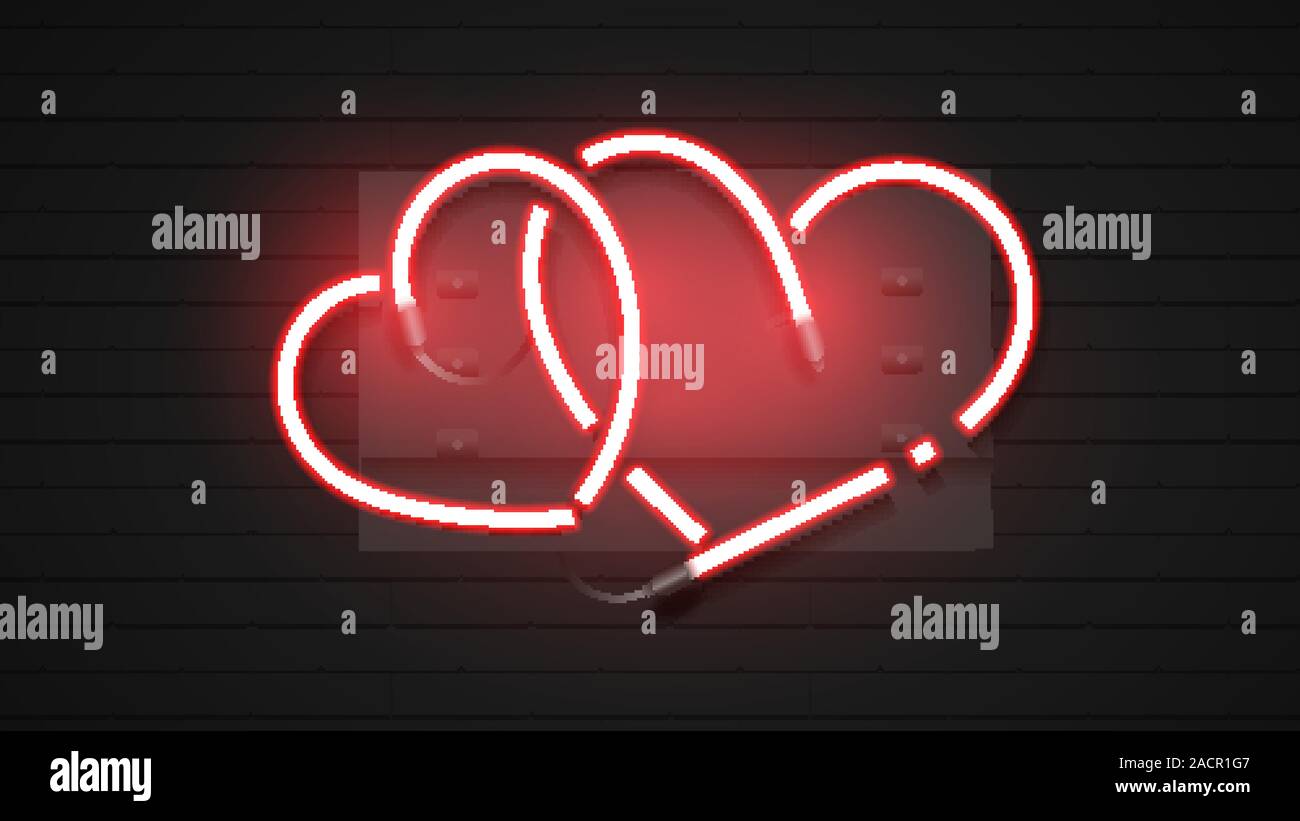 Cuore rosso segno al Neon su Sfondo mattone. Vettore Illustrazione Vettoriale