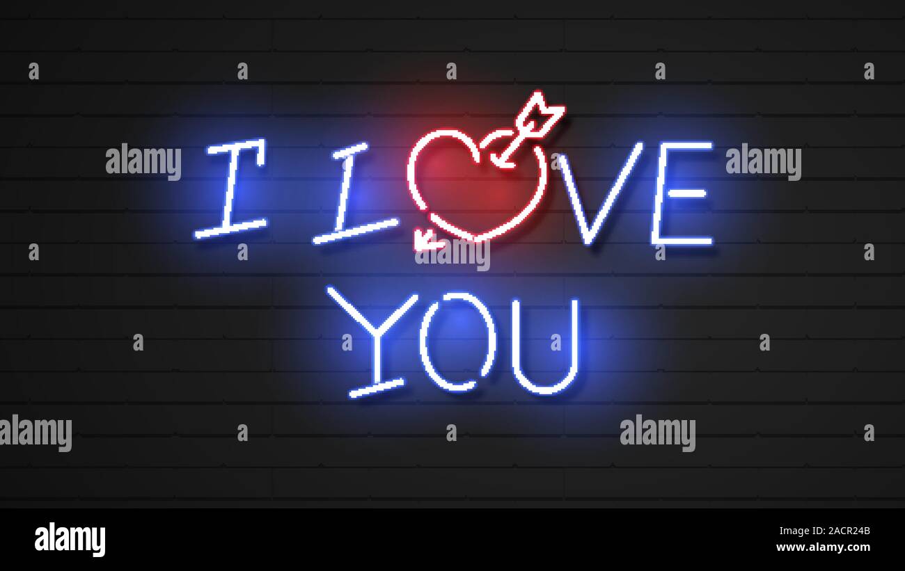Iscrizione al neon dell'amore. Insegna al neon blu amore con cuore rosso su sfondo nero. Vettore Illustrazione Vettoriale