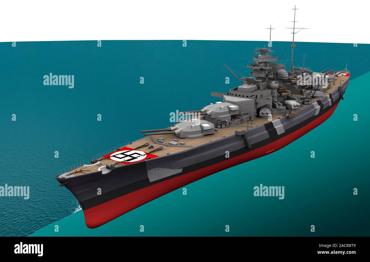 Bismarck, Tedesco II Guerra Mondiale corazzata, opere d'arte. Costruito a partire dal 1936 e ha lanciato nel 1939, "Bismarck' e la sua nave gemella "Tirpitz' sono stati il più grande Ger Foto Stock