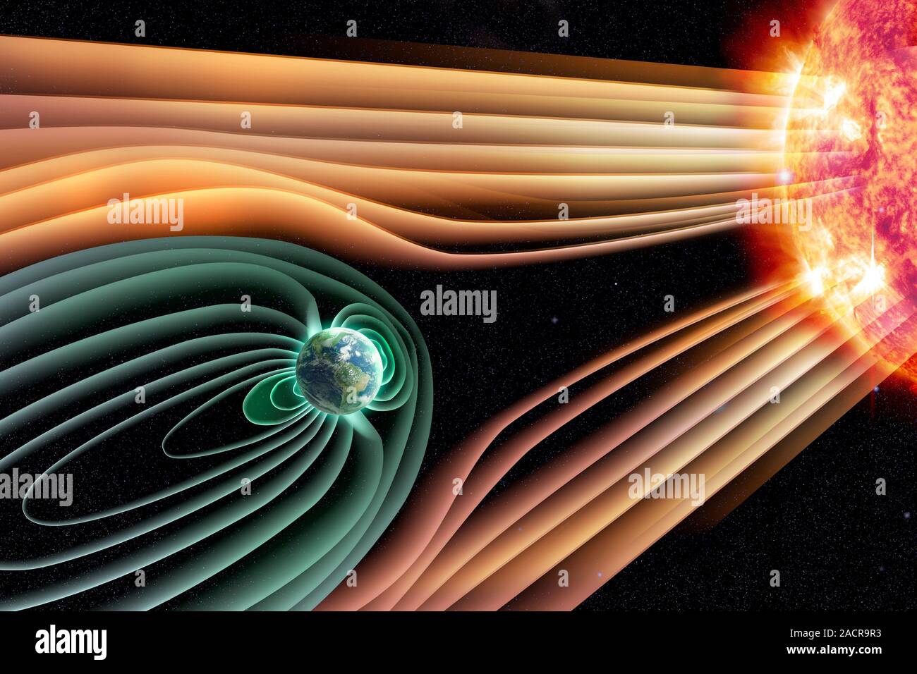 La terra la magnetosfera. Computer grafica che mostra l'interazione del vento  solare con il campo magnetico terrestre (non in scala). Il vento solare è  realizzato u Foto stock - Alamy