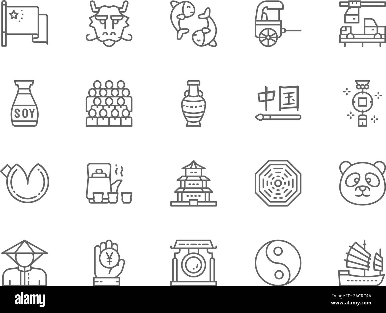 Set di cultura cinese le icone della linea. Maschera tradizionale, Rickshaw, Panda e altro ancora. Illustrazione Vettoriale